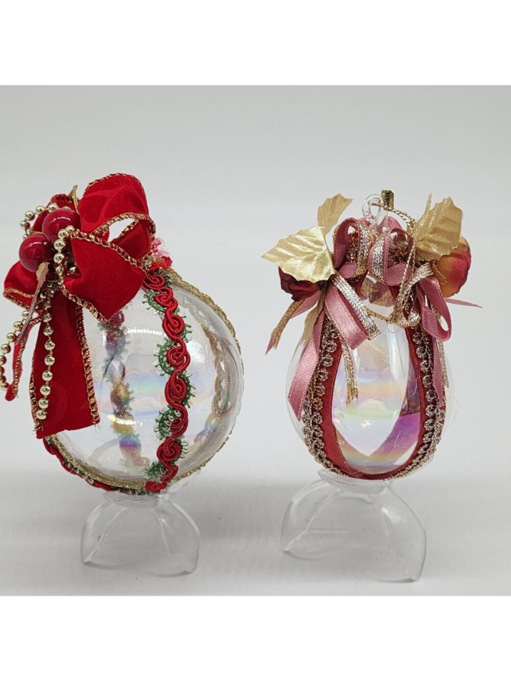 Glass Christmas Ornaments Red & Gold Ribbon Roses Berries Leaves Vintage 3" - Picture 4 of 8